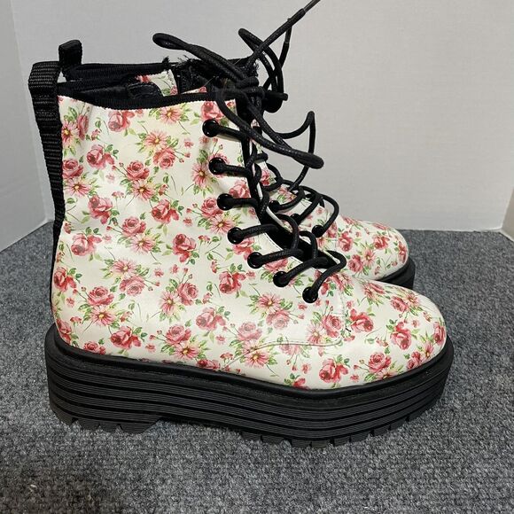 Floral Combat Boots Womens Size 7 White Pink Platform Lace Up Ankle Chunky - Picture 4 of 8